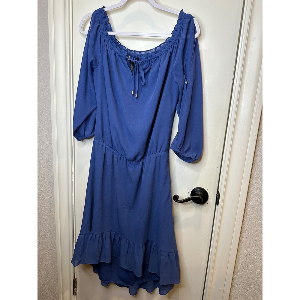 White House Black Market Blue Off Shoulder High Low Ruffle Dress Medium